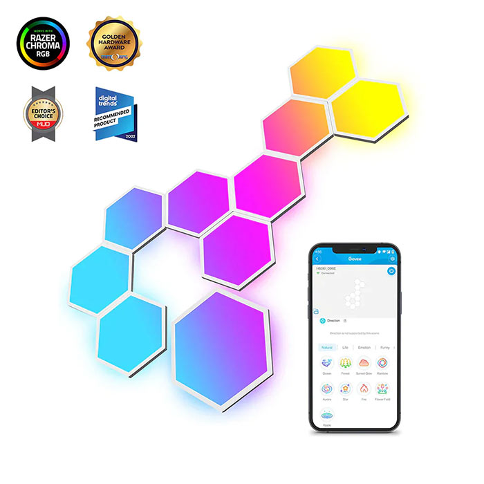 Govee Glide εξάγωνος φωτισμός με ρυθμίσιες DIY, music mode, annimated effects 10 τεμάχια (H6061)
